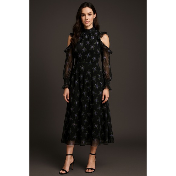 Ted Baker Cold Shoulder Ruffle Chiffon Midi Dress Black Floral Long Sleeve US 4 Ted Baker Cold Shoulder Ruffle Chiffon Midi Dress Black Floral Long Sleeve US 4